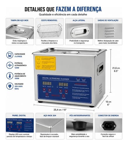 Maquina Aquecimento Ultrassônico Cleaner Limpeza Metais 3l 220v - 2